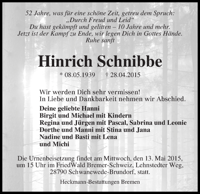 Traueranzeige von Hinrich Schnibbe von WESER-KURIER