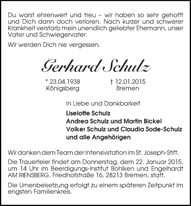Traueranzeige von Gerhard Schulz von WESER-KURIER