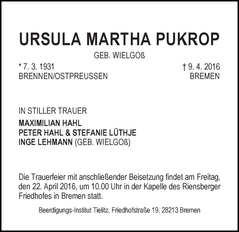 Traueranzeige von Ursula Martha Pukrop von WESER-KURIER