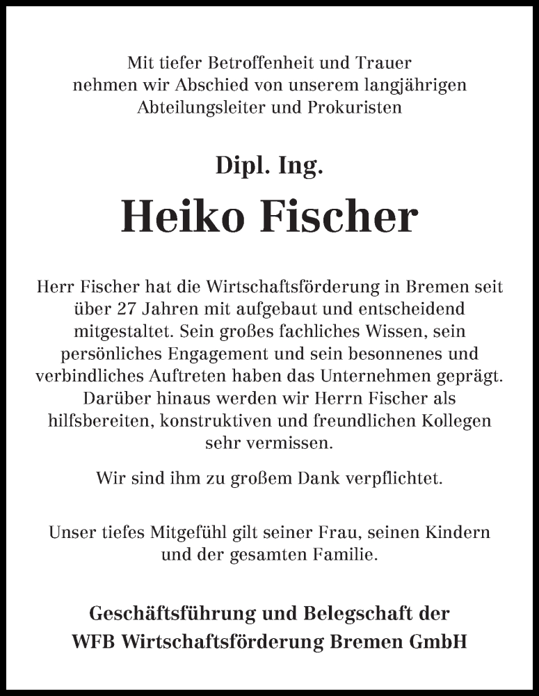 Traueranzeige von Heiko Fischer von WESER-KURIER