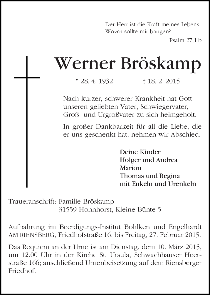 Traueranzeige von Werner Bröskamp von WESER-KURIER