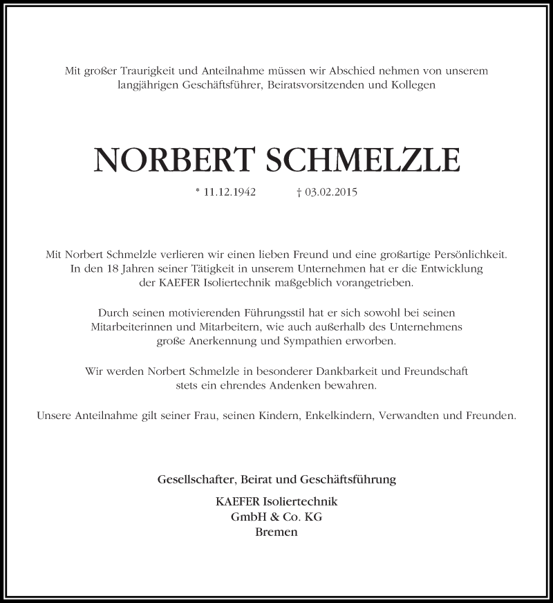 Traueranzeige von Norbert Schmelzle von WESER-KURIER