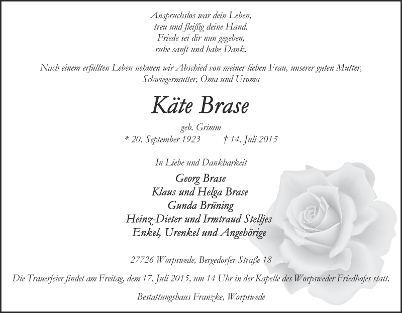 Traueranzeige von Käte Brase von Wuemme Zeitung