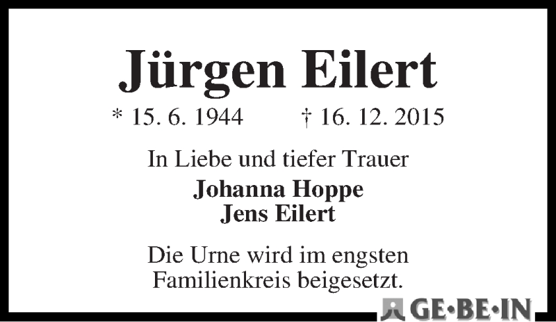 Traueranzeige von Jürgen Eilert von WESER-KURIER