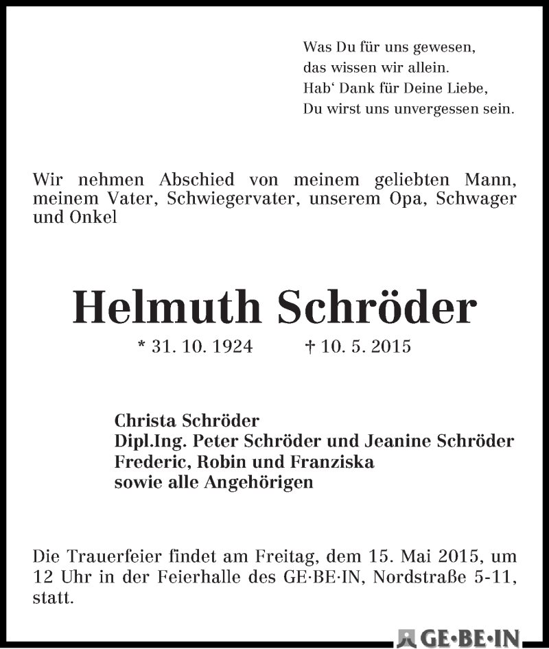 Traueranzeige von Helmuth Schröder von WESER-KURIER
