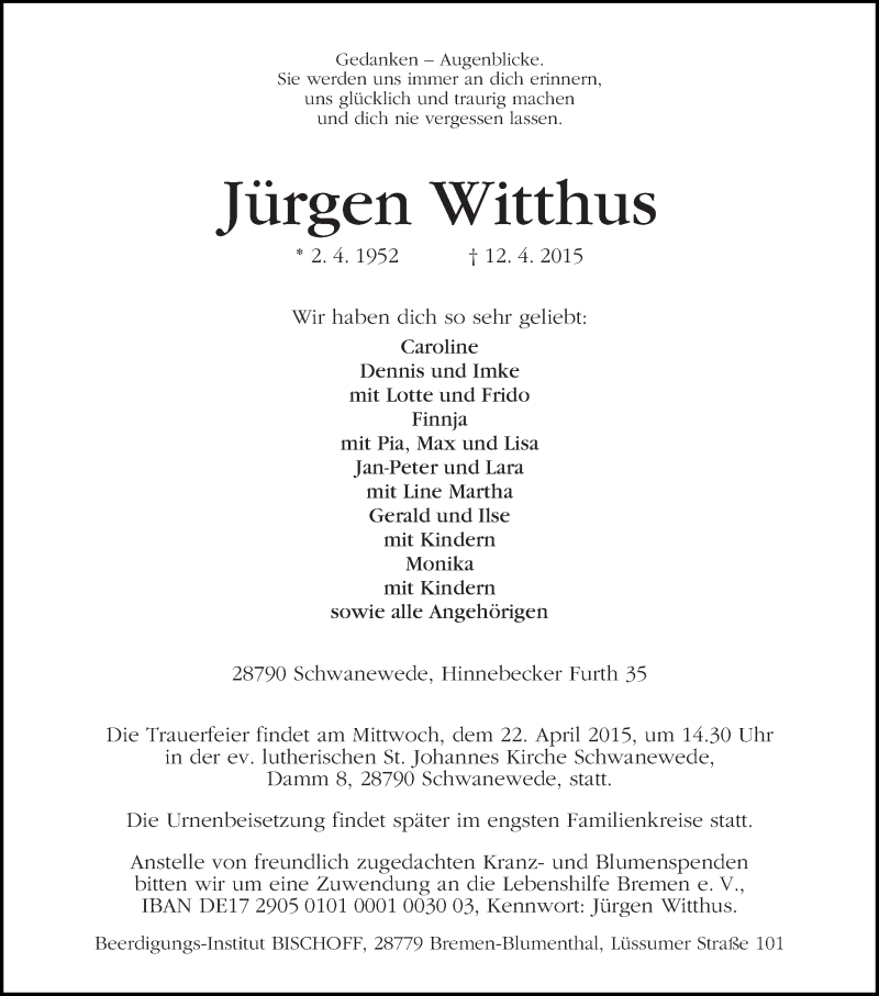 Traueranzeige von Jürgen Witthus von WESER-KURIER