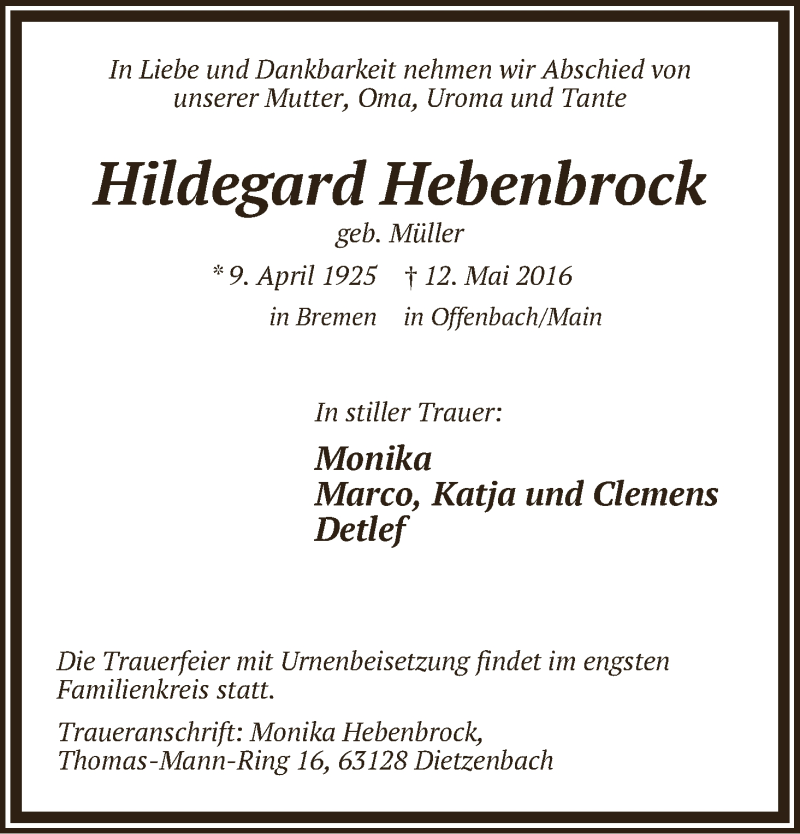 Traueranzeige von Hildegard Hebenbrock von WESER-KURIER