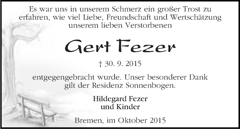 Traueranzeige von Gert Fezer von WESER-KURIER