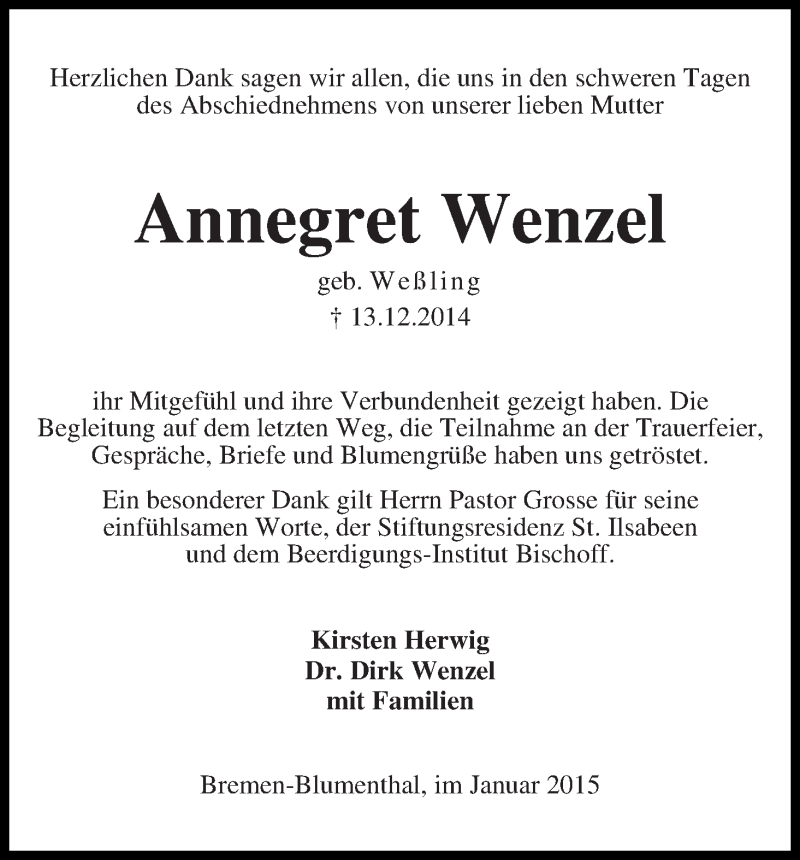 Traueranzeige von Annegret Wenzel von Die Norddeutsche
