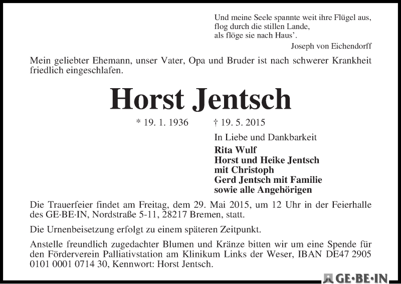 Traueranzeige von Horst Jentsch von WESER-KURIER