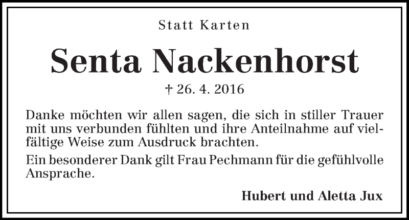 Traueranzeige von Senta Nackenhorst von WESER-KURIER