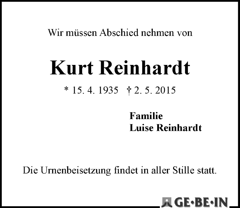 Traueranzeige von Kurt Reinhardt von WESER-KURIER