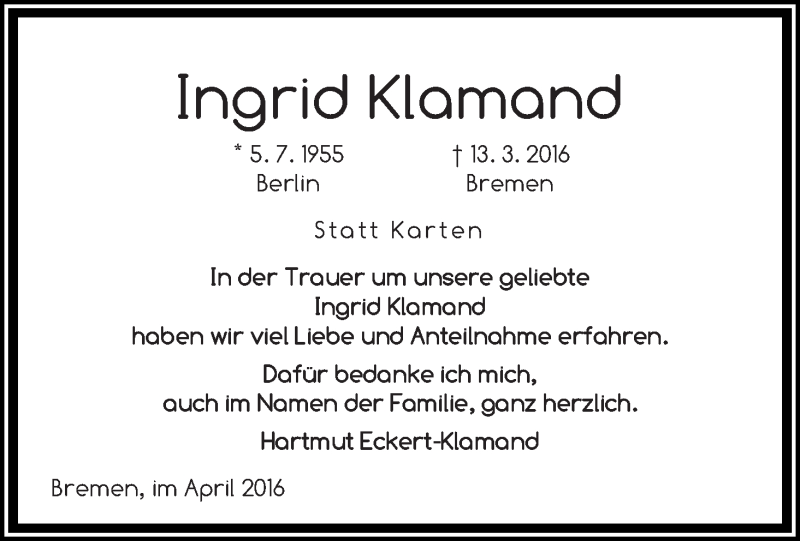 Traueranzeige von Ingrid Klamand von WESER-KURIER