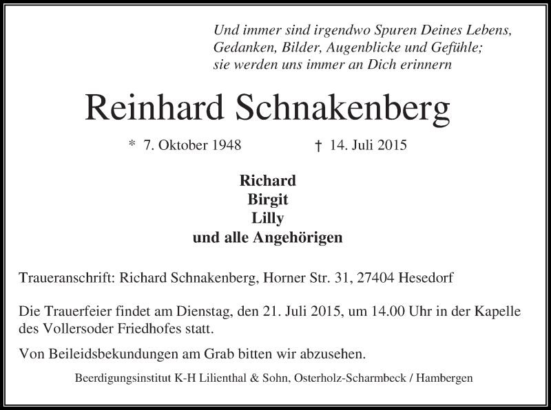 Traueranzeige von Reinhard Schnakenberg von Osterholzer Kreisblatt