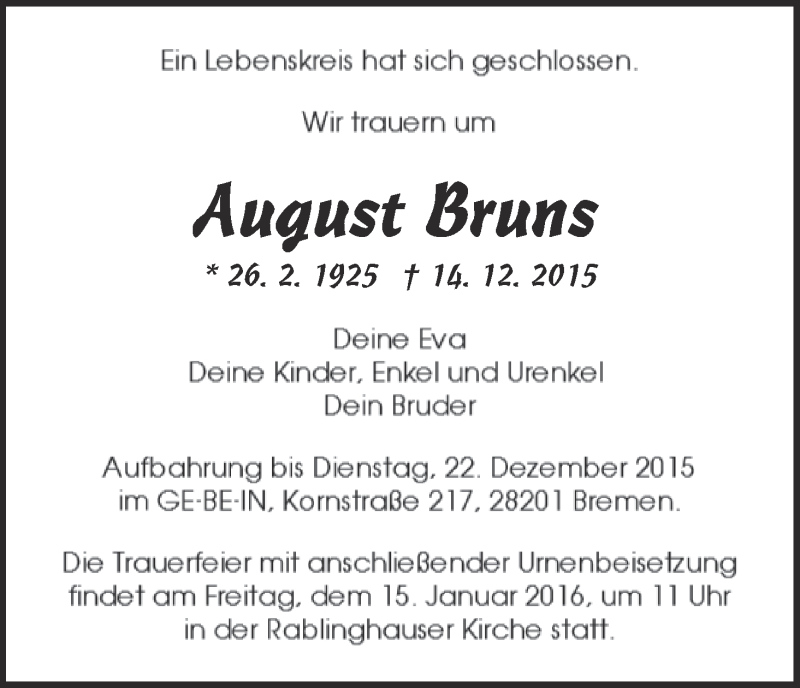 Traueranzeige von August Bruns von WESER-KURIER