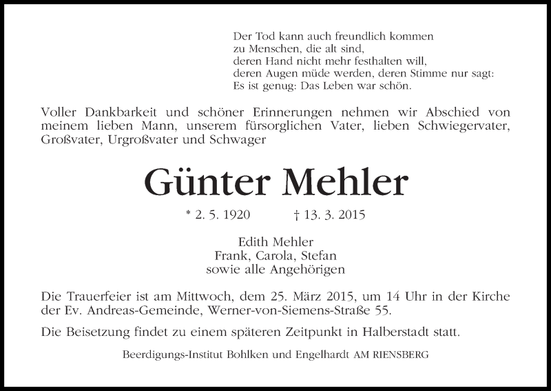 Traueranzeige von Günter Mehler von WESER-KURIER