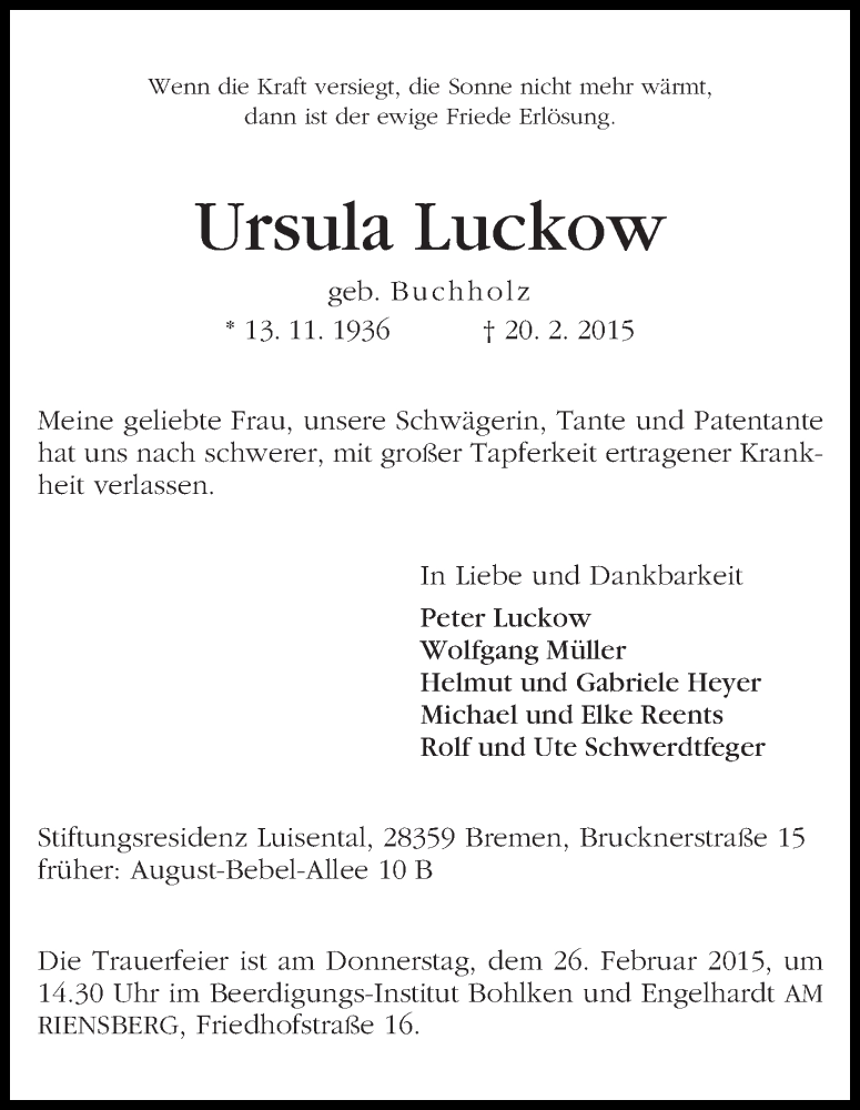 Traueranzeige von Ursula Luckow von WESER-KURIER