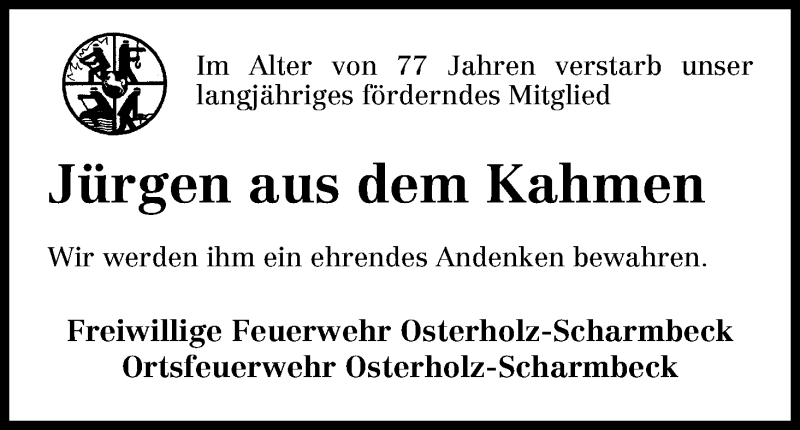 Traueranzeige von Jürgen aus dem Kahmen von Osterholzer Kreisblatt