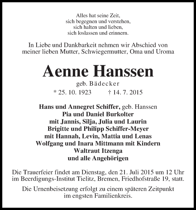 Traueranzeige von Aenne Hanssen von WESER-KURIER