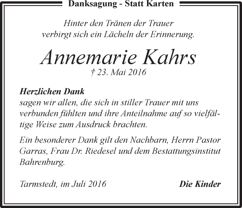 Traueranzeige von Annemarie Kahrs von Wuemme Zeitung
