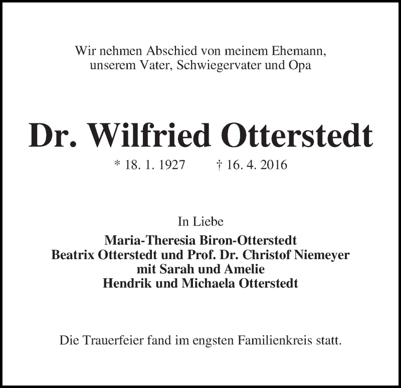 Traueranzeige von Dr. Wilfried Otterstedt von WESER-KURIER