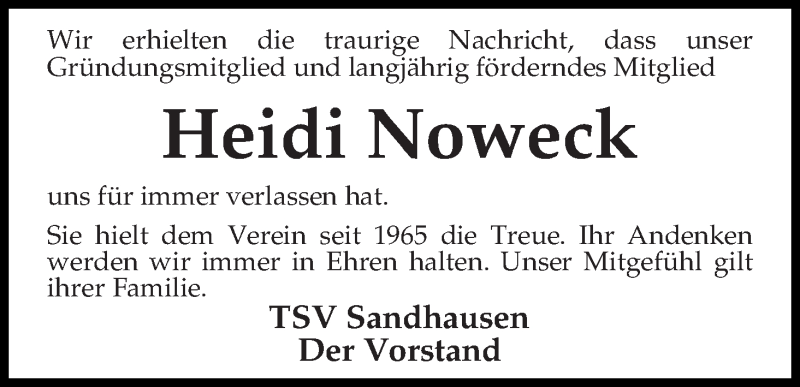 Traueranzeige von Heidi Noweck von Osterholzer Kreisblatt