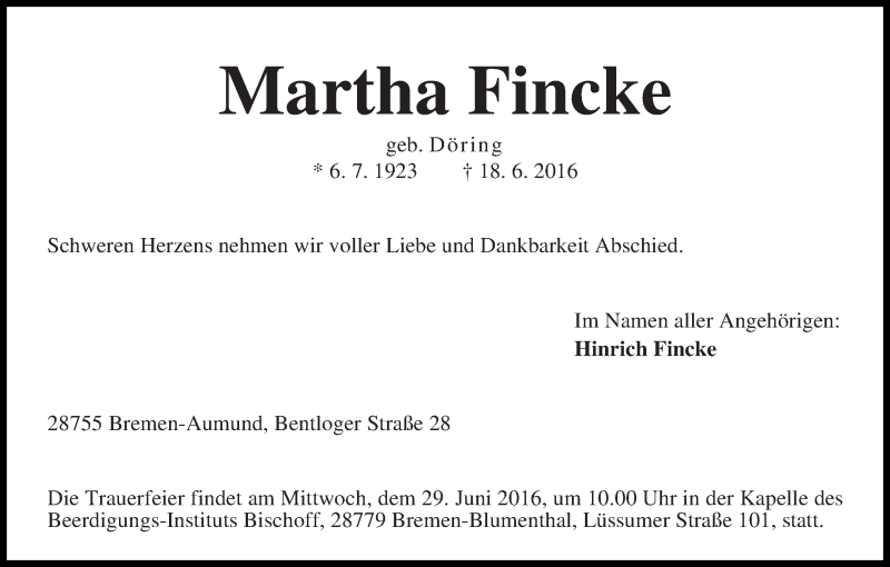 Traueranzeige von Martha Fincke von Die Norddeutsche