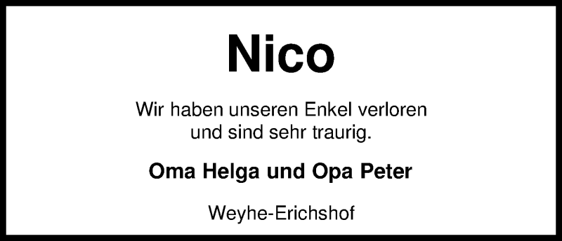 Traueranzeige von Nico Meiners von Regionale Rundschau/Syker Kurier