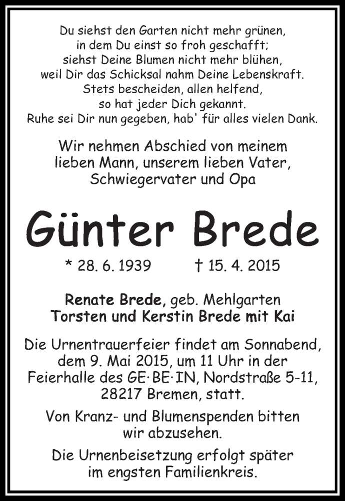 Traueranzeige von Günter Brede von WESER-KURIER