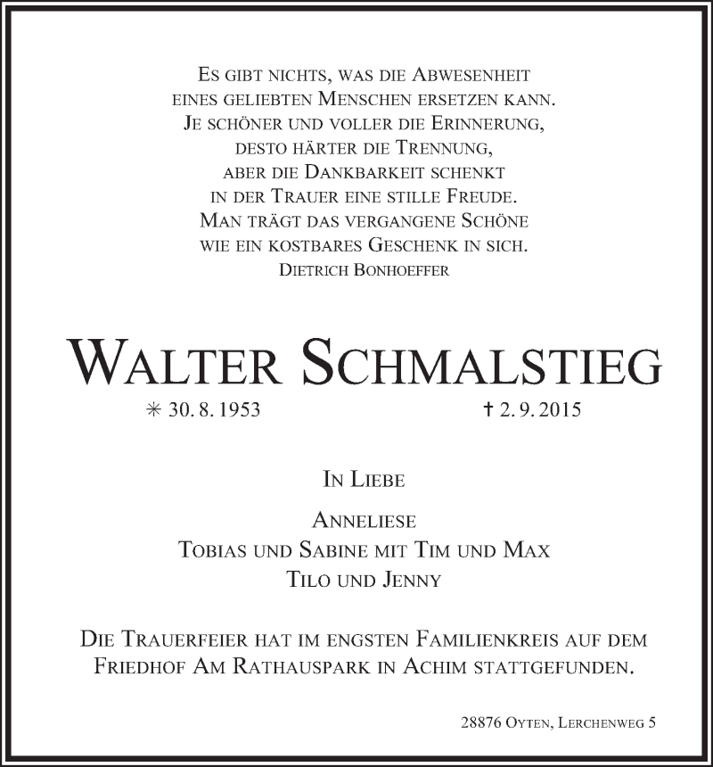 Traueranzeige von Walter Schmalstieg von WESER-KURIER