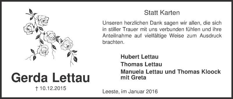 Traueranzeige von Gerda Lettau von WESER-KURIER