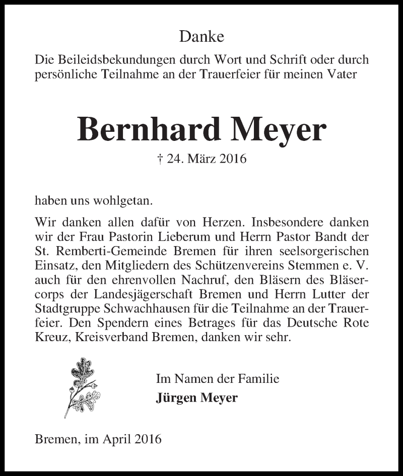 Traueranzeige von Bernhard Meyer von WESER-KURIER