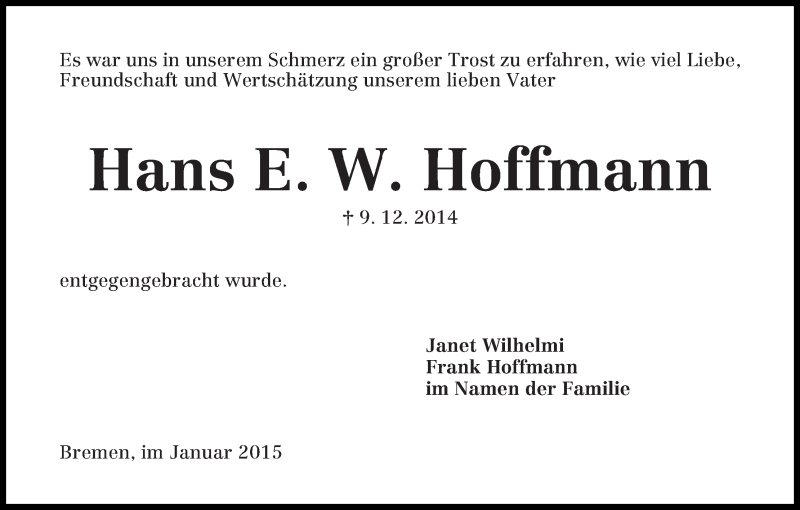 Traueranzeige von Hans E. W. Hoffmann von WESER-KURIER