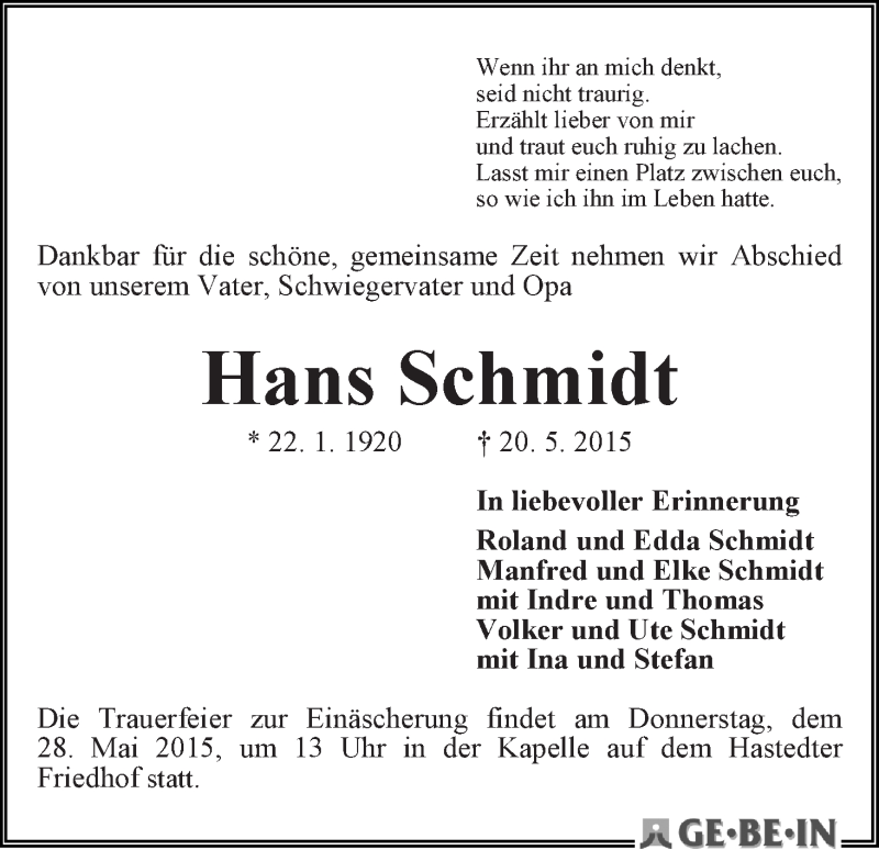 Traueranzeige von Hans Schmidt von WESER-KURIER