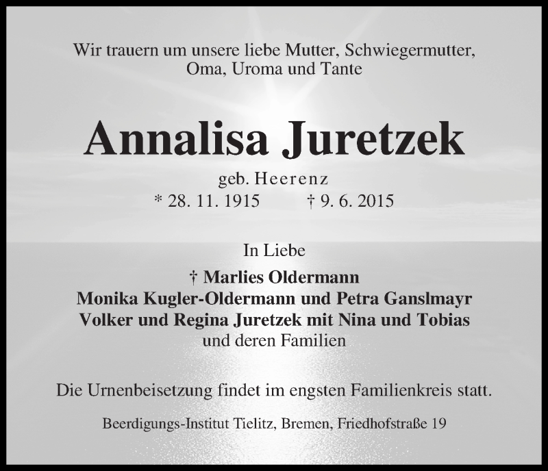 Traueranzeige von Annalisa Juretzek von WESER-KURIER