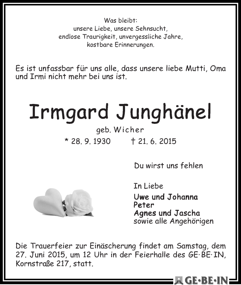 Traueranzeige von Irmgard Junghänel von WESER-KURIER