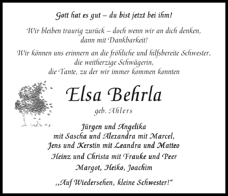 Traueranzeige von Elsa Behrla von Die Norddeutsche