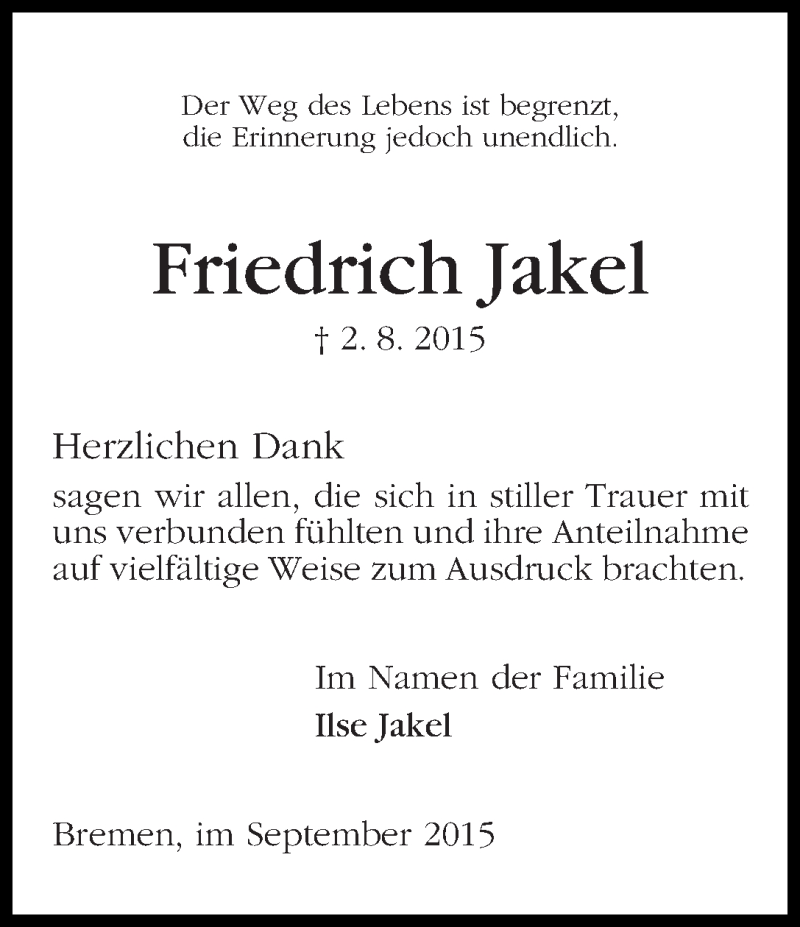 Traueranzeige von Friedrich Jakel von WESER-KURIER