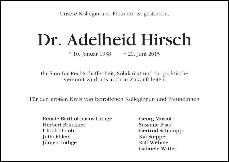 Traueranzeige von Adelheid Hirsch von WESER-KURIER