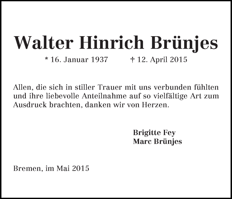 Traueranzeige von Walter Hinrich Brünjes von WESER-KURIER