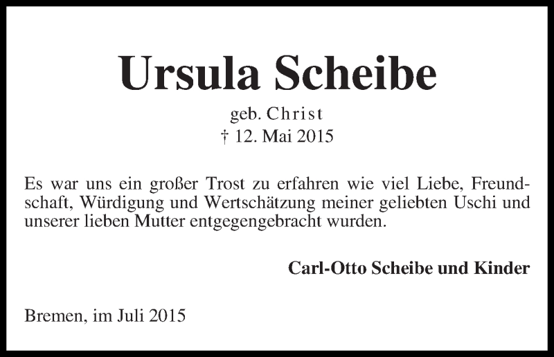 Traueranzeige von Ursula Scheibe von WESER-KURIER