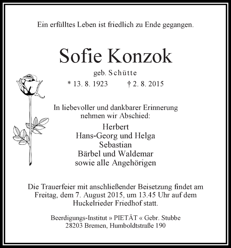 Traueranzeige von Sofie Konzok von WESER-KURIER