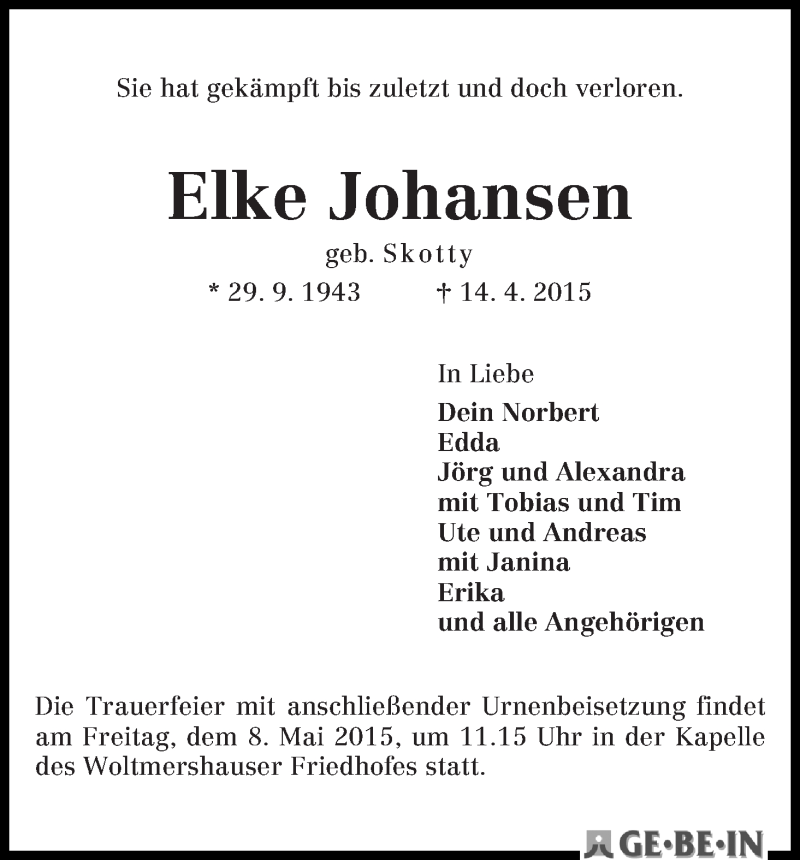 Traueranzeige von Elke Johansen von WESER-KURIER