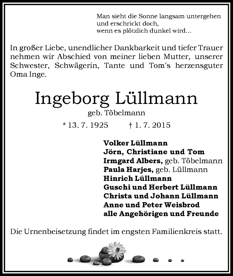 Traueranzeige von Ingeborg Lüllmann von WESER-KURIER