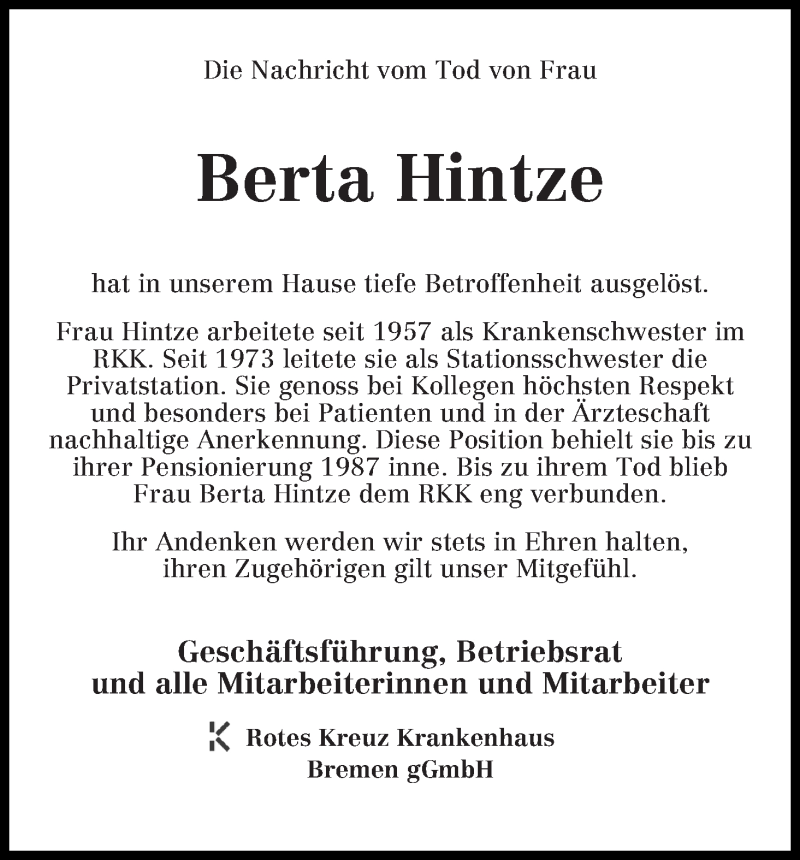 Traueranzeige von Berta Hintze von WESER-KURIER