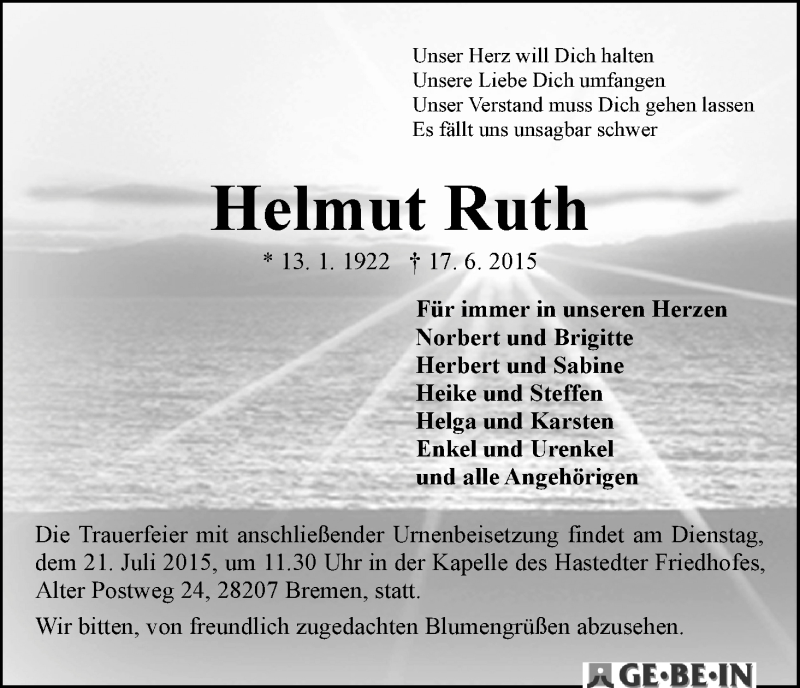 Traueranzeige von Helmut Ruth von WESER-KURIER
