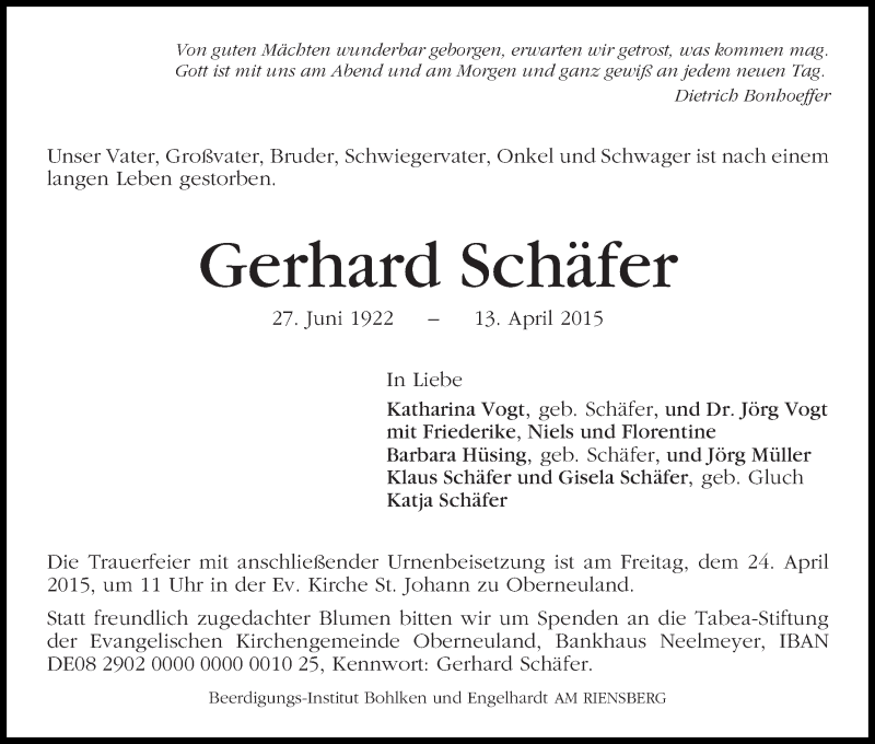 Traueranzeige von Gerhard Schäfer von WESER-KURIER