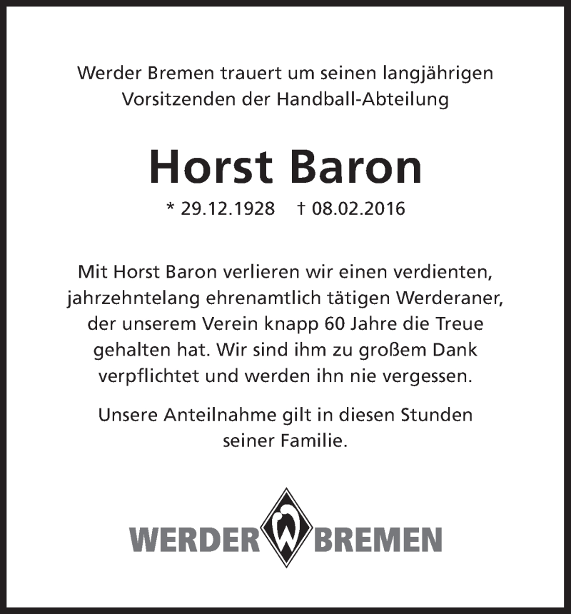 Traueranzeige von Horst Baron von WESER-KURIER