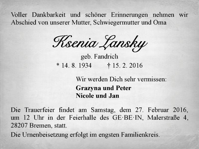 Traueranzeige von Ksenia Lansky von WESER-KURIER