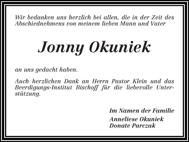 Traueranzeige von Jonny Okuniek von Die Norddeutsche
